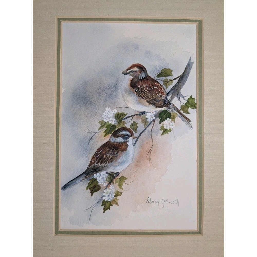 Vintage Watercolour, Sparrows, Blossom Tree Superb! Signed Gilbreath